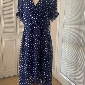 Emma & Michele Blue and White Ruffled Wrap Midi Dress NWT (Belt missing)